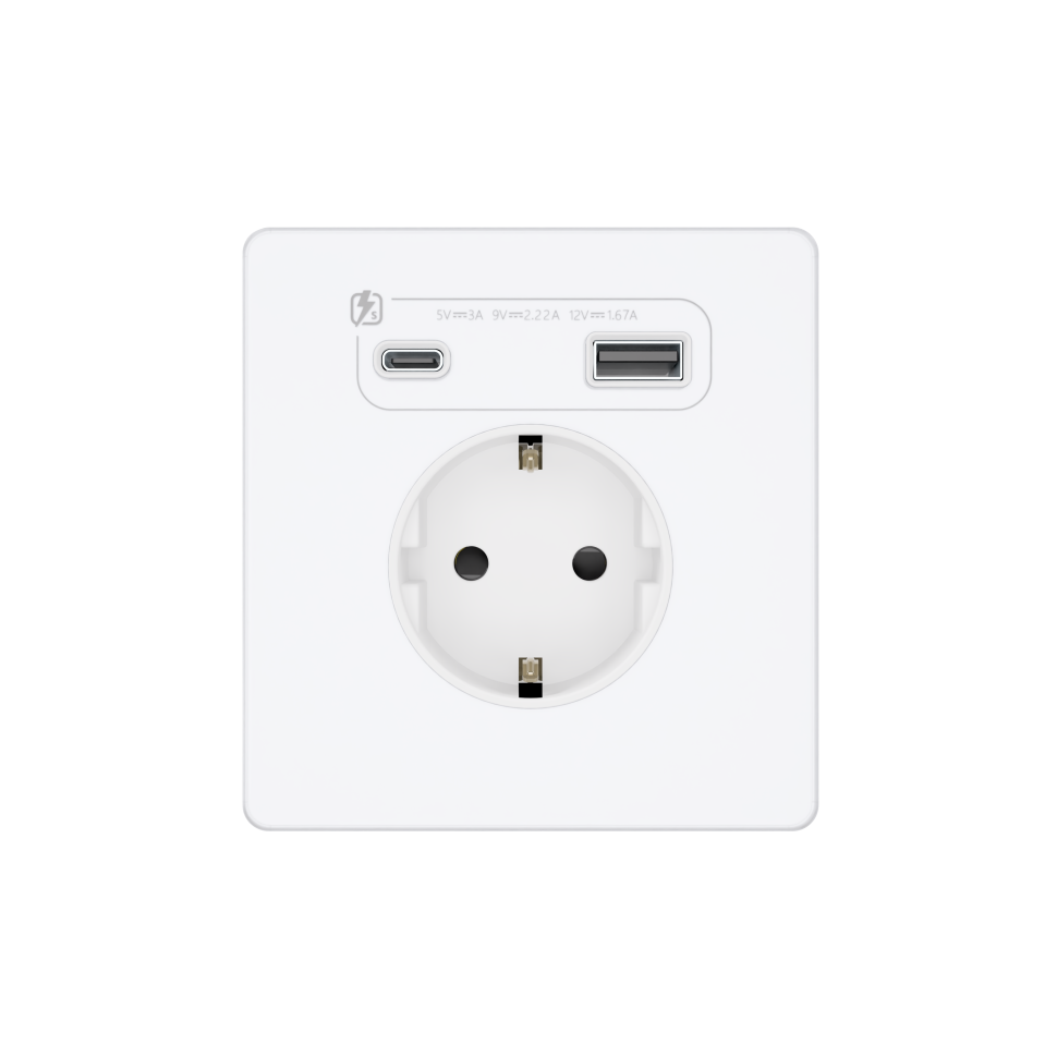 Systeme Infinity, Розетка 2К+З  и зарядным устройствомUSB А+С 20Вт (250В, 16А, защитные шторки), FSE000132, Арктический лед