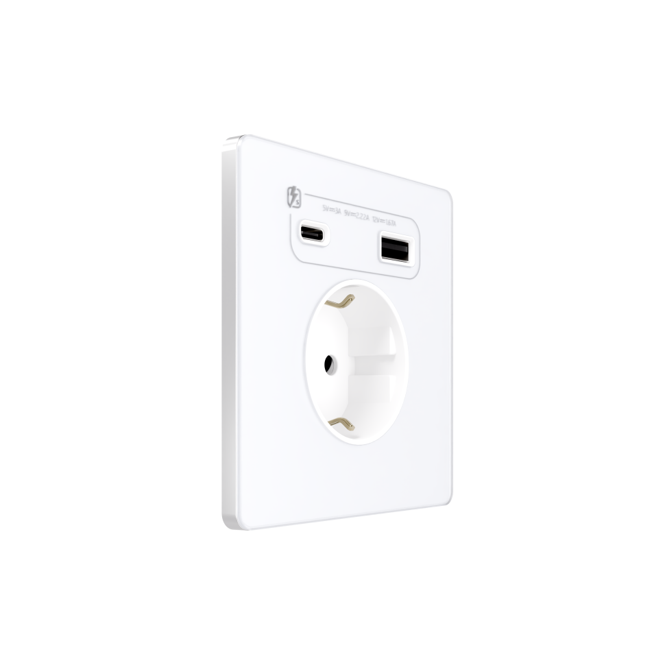Systeme Infinity, Розетка 2К+З  и зарядным устройствомUSB А+С 20Вт (250В, 16А, защитные шторки), FSE000132, Арктический лед