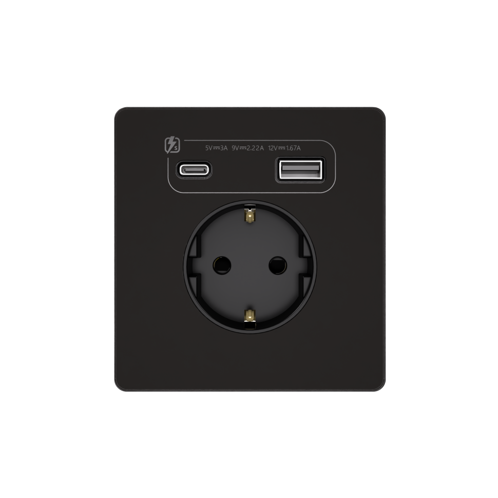 Systeme Infinity, Розетка 2К+З  и зарядным устройствомUSB А+С 20Вт (250В, 16А, защитные шторки), FSE001032, Полярная ночь