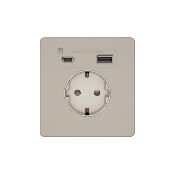 Systeme Infinity, Розетка 2К+З  и зарядным устройствомUSB А+С 20Вт (250В, 16А, защитные шторки), FSE000532, Песчаный берег