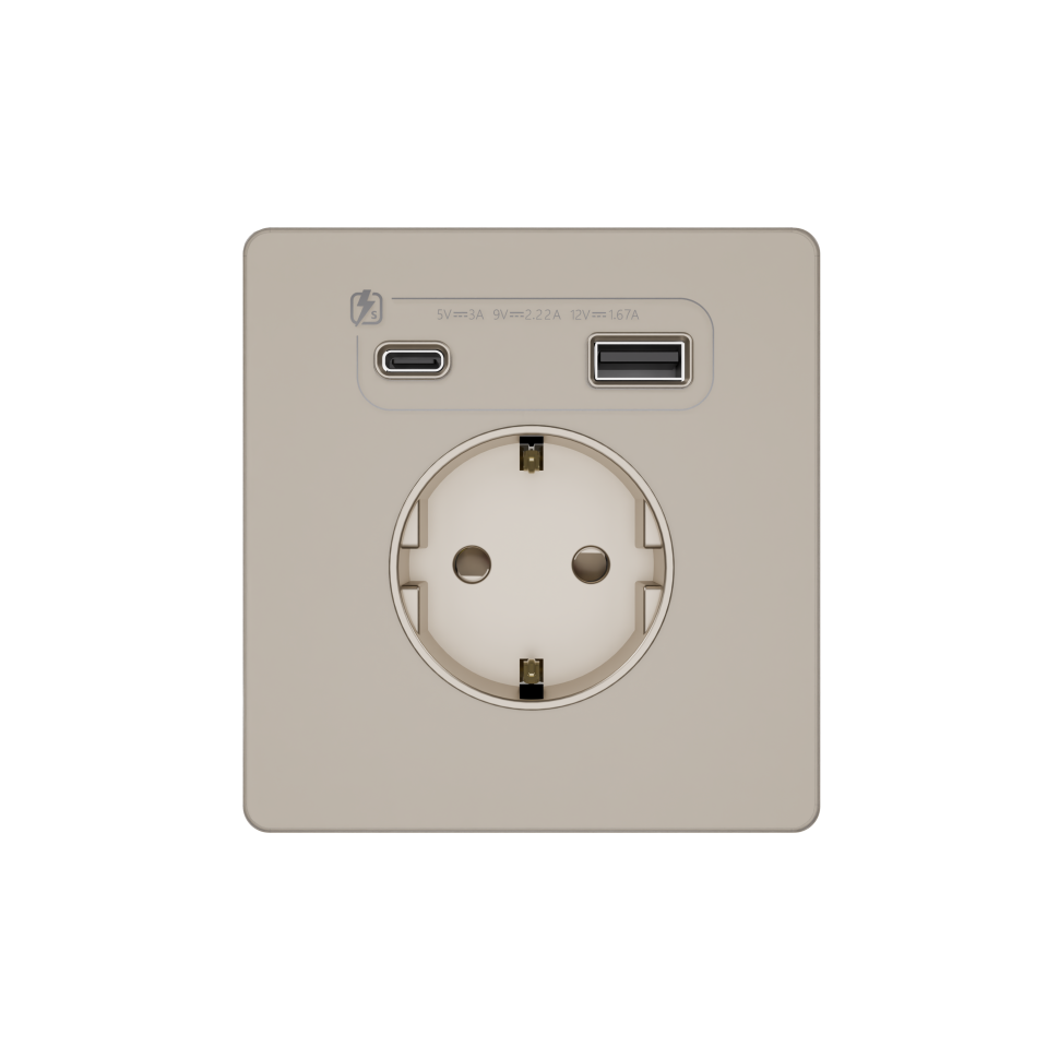 Systeme Infinity, Розетка 2К+З  и зарядным устройствомUSB А+С 20Вт (250В, 16А, защитные шторки), FSE000532, Песчаный берег