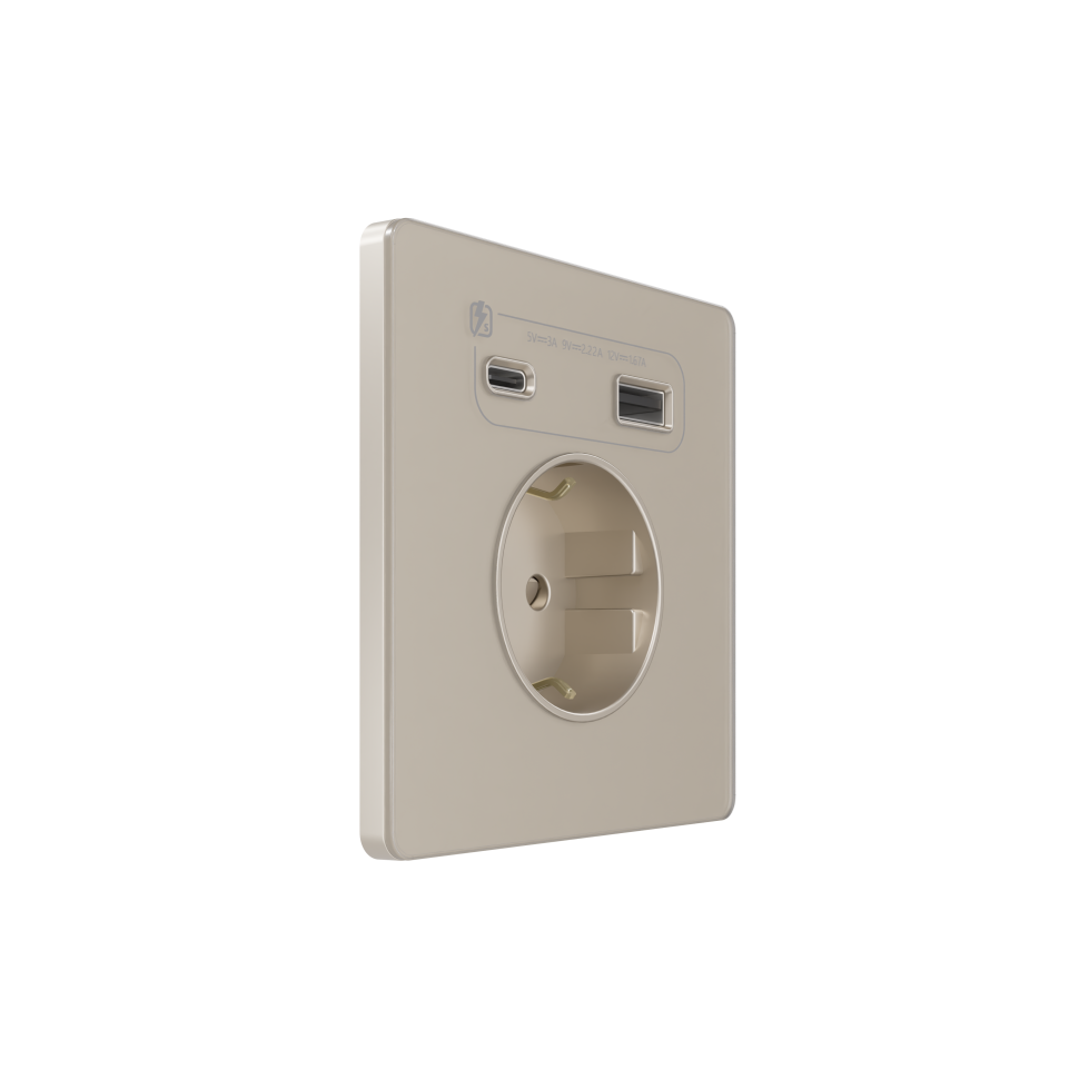 Systeme Infinity, Розетка 2К+З  и зарядным устройствомUSB А+С 20Вт (250В, 16А, защитные шторки), FSE000532, Песчаный берег