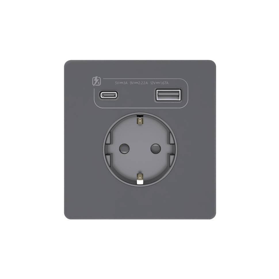 Systeme Infinity, Розетка 2К+З  и зарядным устройствомUSB А+С 20Вт (250В, 16А, защитные шторки), FSE000732, Вулканический пепел