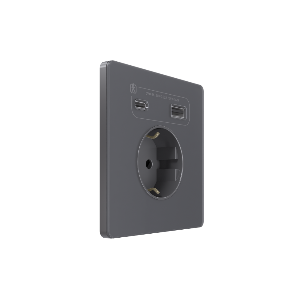 Systeme Infinity, Розетка 2К+З  и зарядным устройствомUSB А+С 20Вт (250В, 16А, защитные шторки), FSE000732, Вулканический пепел