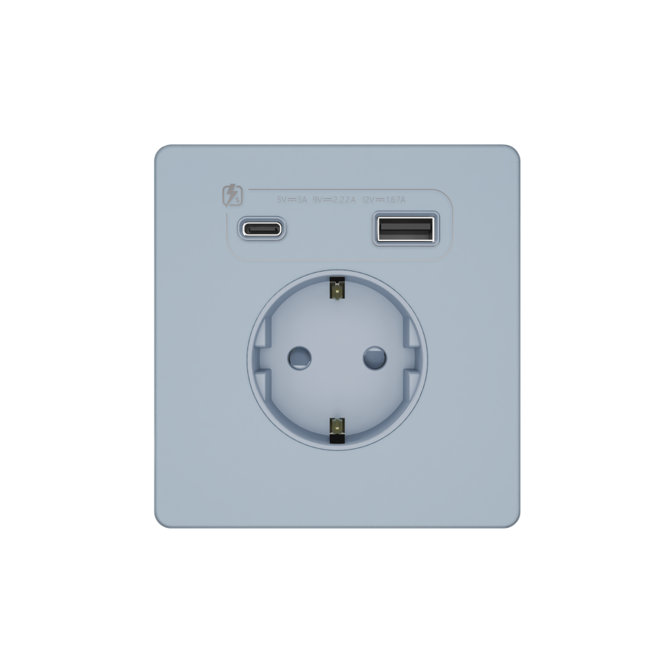 Systeme Infinity, Розетка 2К+З  и зарядным устройствомUSB А+С 20Вт (250В, 16А, защитные шторки), FSE001132, Стальное небо