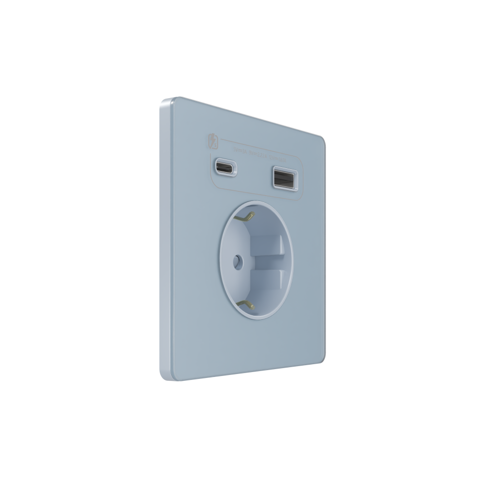 Systeme Infinity, Розетка 2К+З  и зарядным устройствомUSB А+С 20Вт (250В, 16А, защитные шторки), FSE001132, Стальное небо